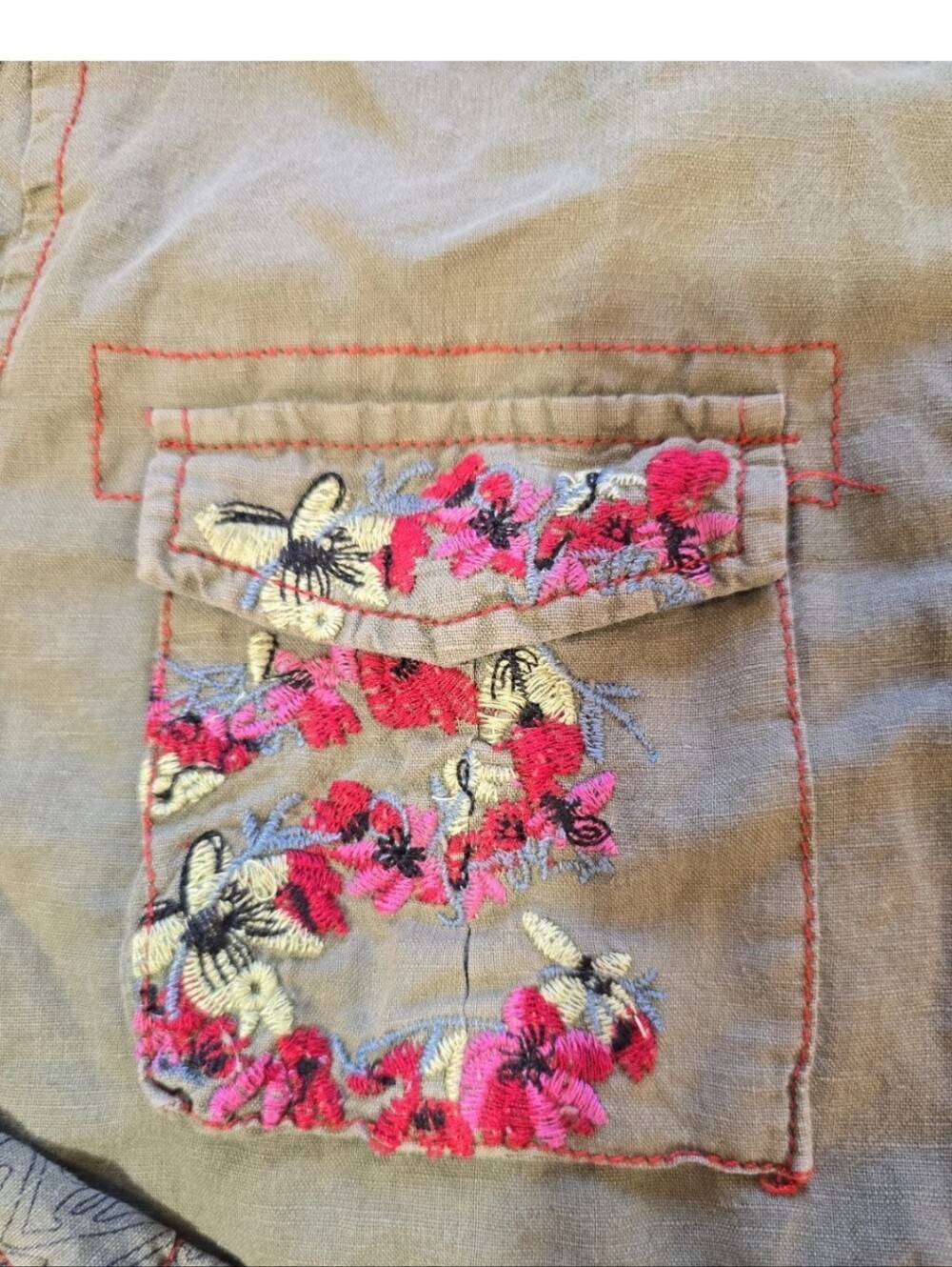 Desigual Womens Army Green Hooded Jacket with Floral Embroidered Patches Size 46 - Picture 2 of 13